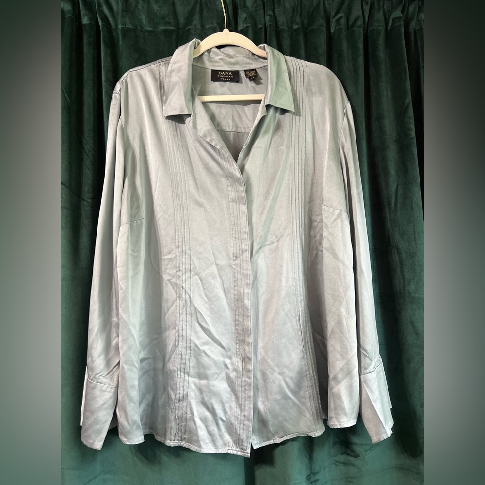 Plus Dana Buchman 100% Silk Pleated Button-Down Blouse